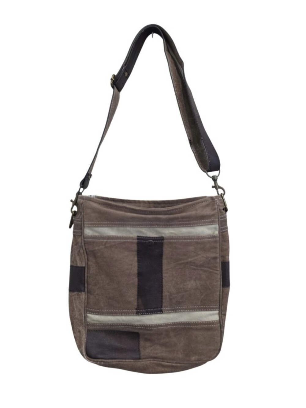 Mona B Recycled Canvas Leather Messenger Crossbody Shoulder Bag Beige Brown